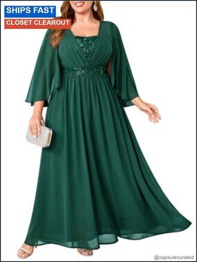 Plus Size Sequin Chiffon Maxi Dress Mother of the Bride Cape Sleeve Formal